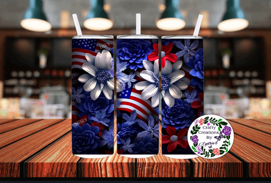 3D Floral American Flag Stainless Steel Tumbler