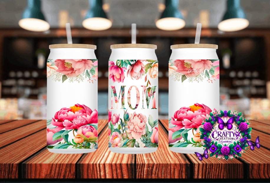 Mom Floral Frosted 16 oz Glass Can!