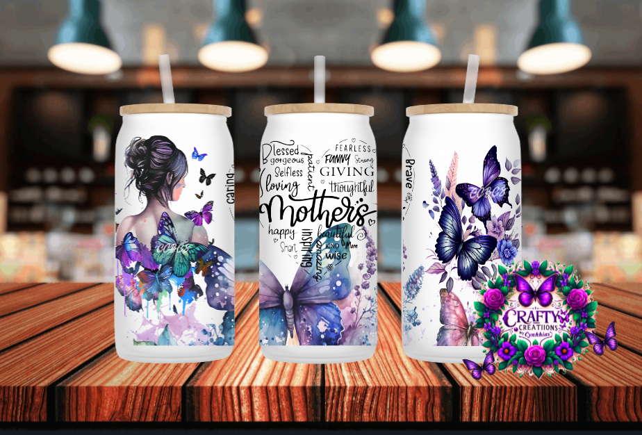 Butterfly Mother's Frosted 16 oz Glass Can!