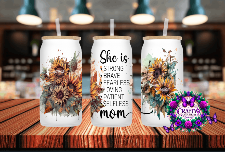 Sunflowers She Is Mom Frosted 16 oz Glass Can!
