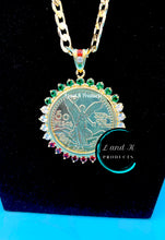 Load image into Gallery viewer, Centenario Mexican 50 pesos Multi-Color Rhinestone Coin Pendant Necklace
