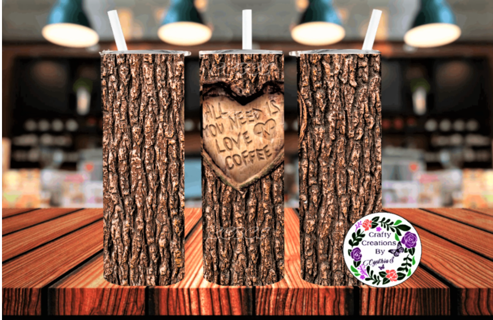 (All You Need Is Love N Coffee) Tree Carving 20 oz Tumbler