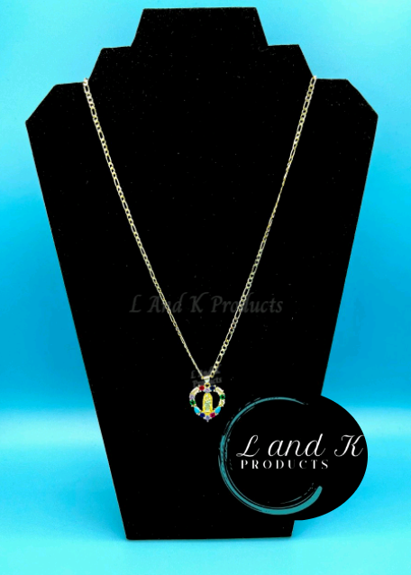 La Virgen De Guadalupe Multi Rhinestone Heart Pendant Necklace