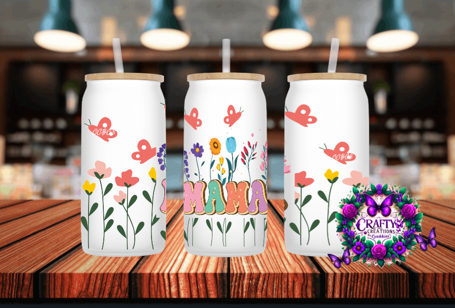 Mama Floral Pink Butterfly Frosted 16 oz Glass Can!