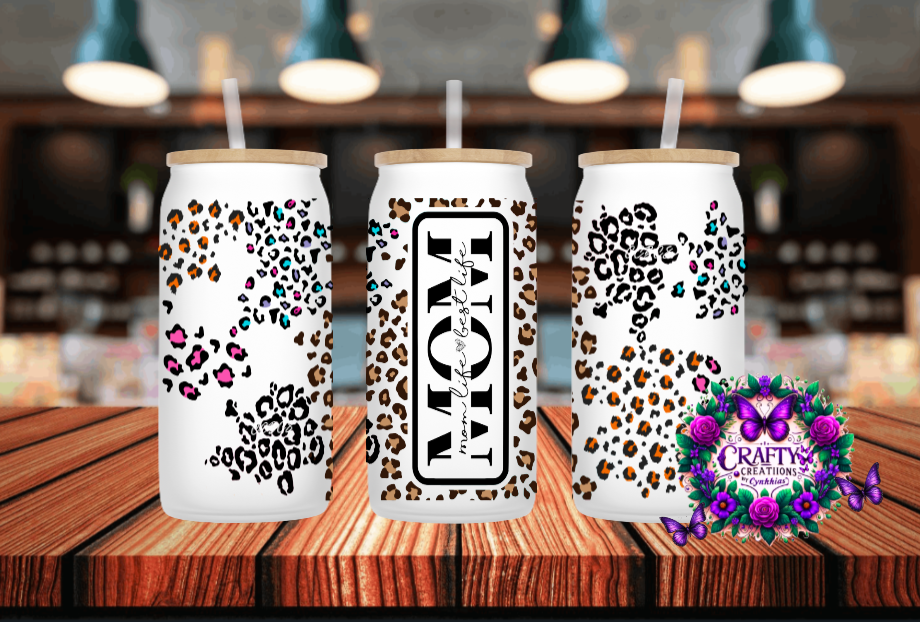 Mom Life Leopard Frosted 16 oz Glass Can!