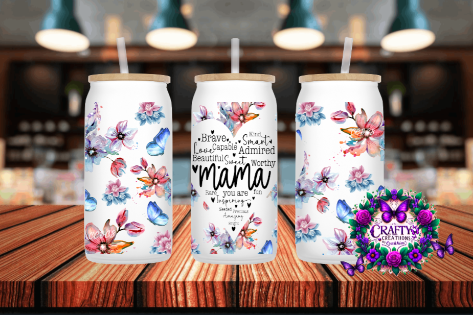 Floral Blue Butterfly Mama Frosted 16 oz Glass Can!